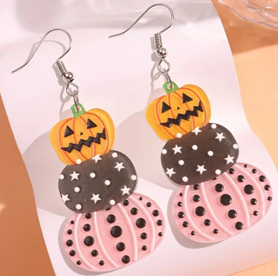 Acrylic Cartoon Halloween Gothic Jack O Lantern Triple Pumpkin Design Lightweight Drop Dangle Earrings