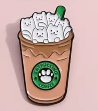 Frappe Iced Coffee Catpuccino Cats Kittens Coffee Cup Starbucks Inspired Enamel Steel Pin Brooch Badge