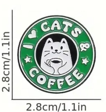 I Love Cats And Coffee Starbucks Inspired Enamel Steel Pin Brooch Badge