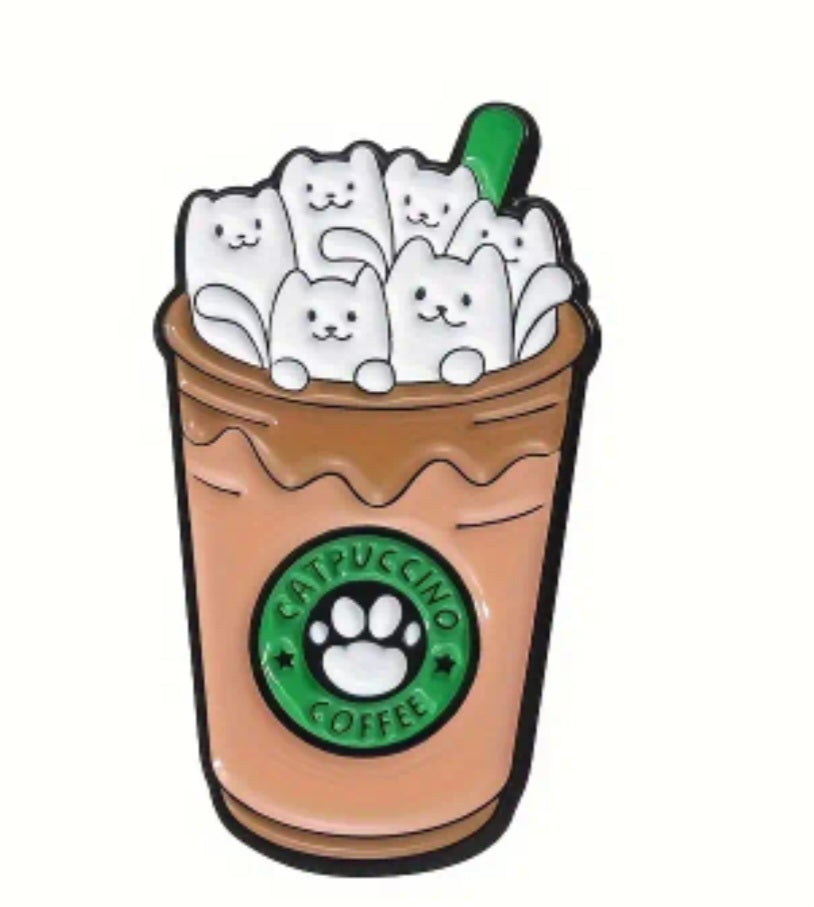 Frappe Iced Coffee Catpuccino Cats Kittens Coffee Cup Starbucks Inspired Enamel Steel Pin Brooch Badge