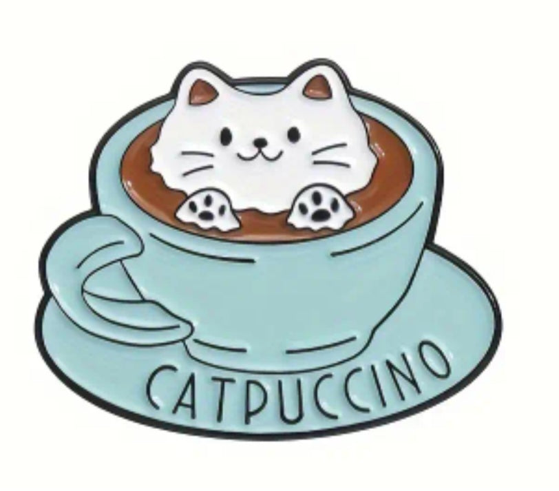 Cappuccino Catpuccino Cat Coffee Cup Enamel Steel Pin Brooch Badge