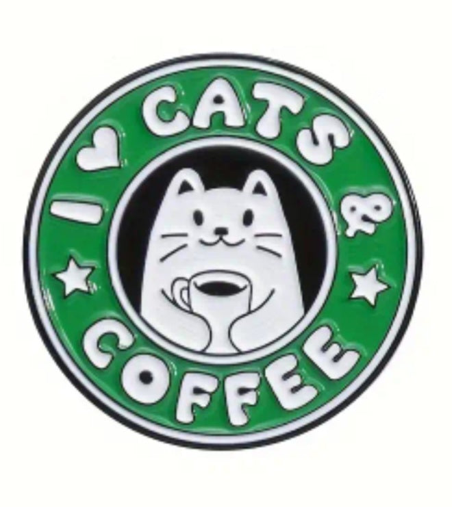 I Love Cats And Coffee Starbucks Inspired Enamel Steel Pin Brooch Badge