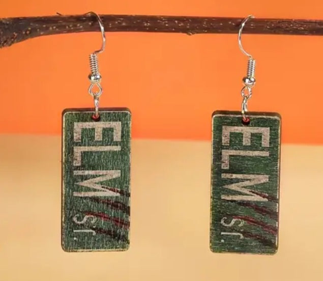 A Nightmare On Elm Street Inspired Halloween Horror Wooden Street Sign Slash Marks Design Drop Dangle Earrings