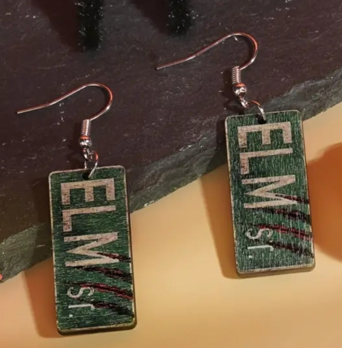 A Nightmare On Elm Street Inspired Halloween Horror Wooden Street Sign Slash Marks Design Drop Dangle Earrings