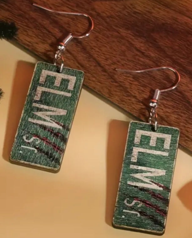 A Nightmare On Elm Street Inspired Halloween Horror Wooden Street Sign Slash Marks Design Drop Dangle Earrings