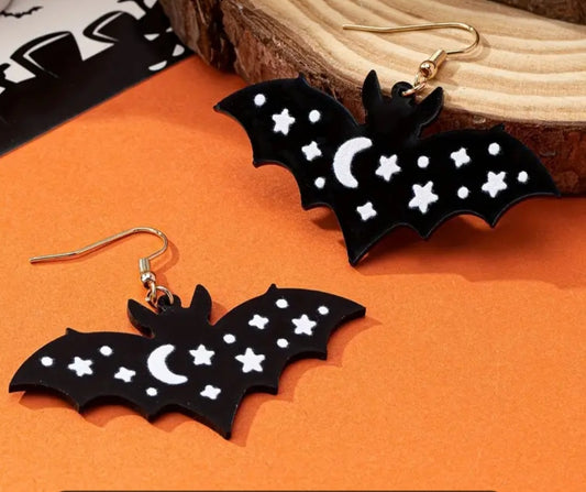 Acrylic Bat Moon Stars Design Halloween Gothic Drop Dangle Earrings