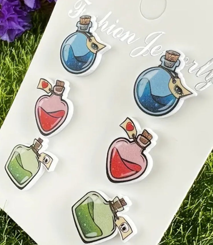 Acrylic Potion Bottle Magic Scientist Design Stailess Steel Posts Set Of 3 Stud Earrings