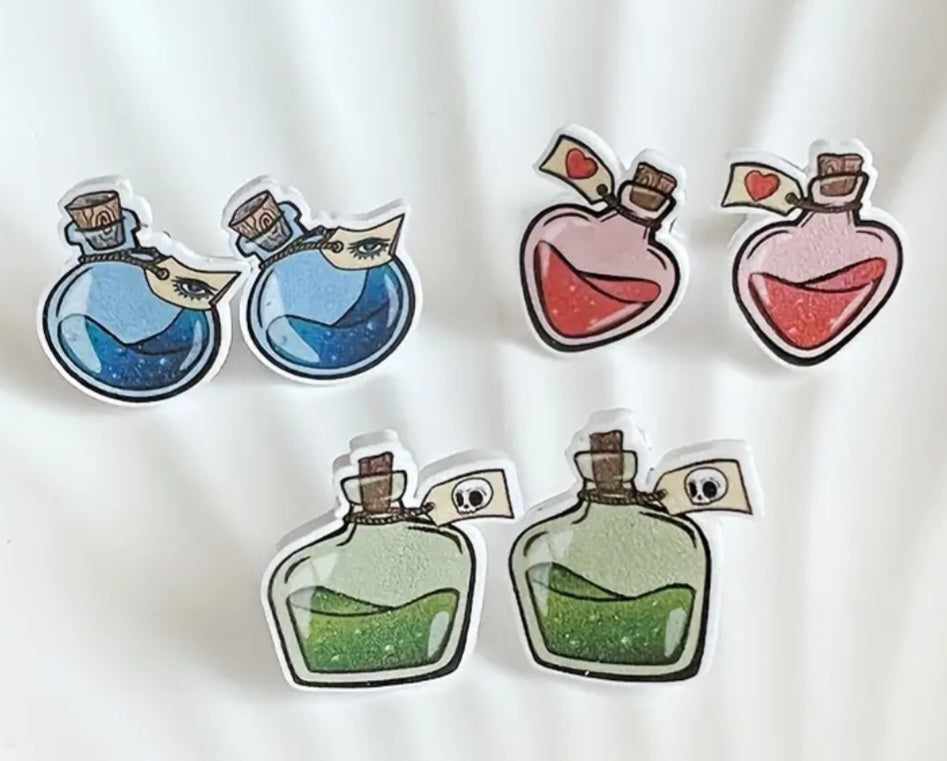 Acrylic Potion Bottle Magic Scientist Design Stailess Steel Posts Set Of 3 Stud Earrings