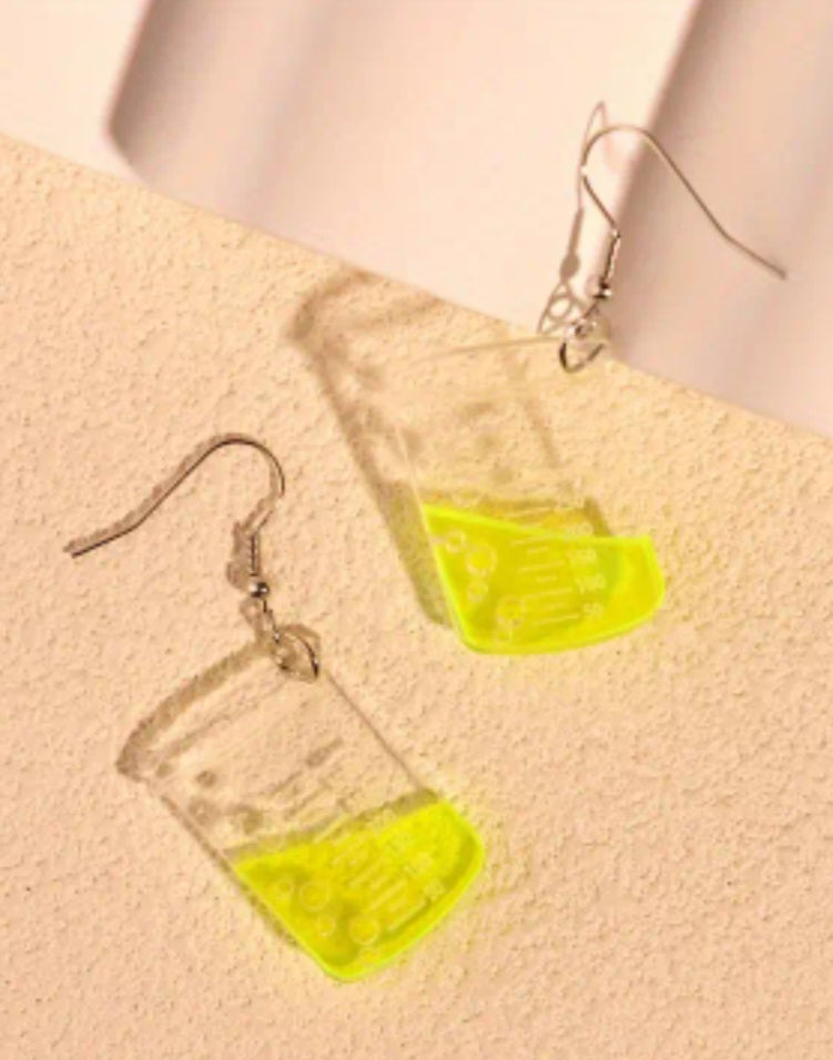 Acrylic Chemistry Beaker Flask Scientist Large Fluro Yellow  Design Drop Dangle Earrings