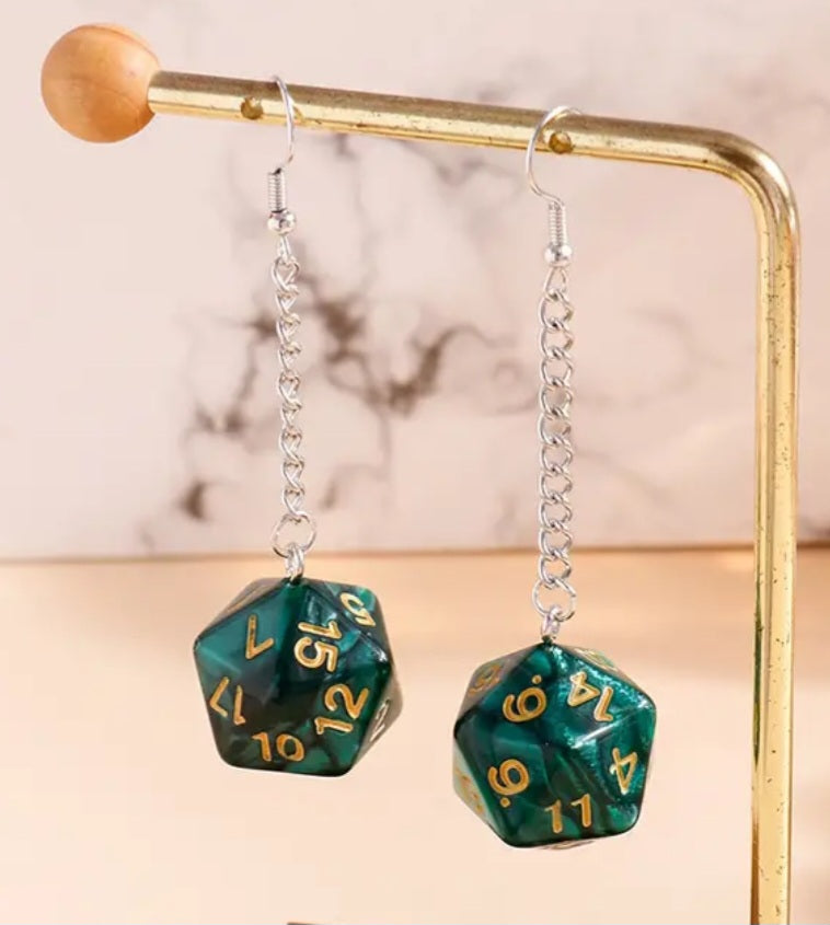 Acrylic 20 Sided Dice DnD Dungeons And Dragons D20 Design Green Drop Chain Earrings