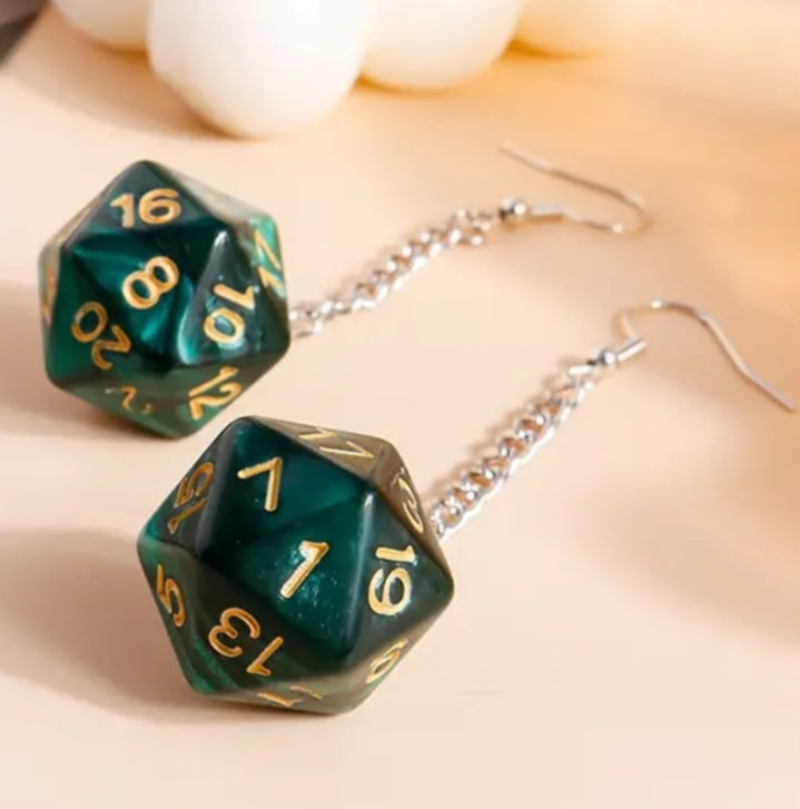 Acrylic 20 Sided Dice DnD Dungeons And Dragons D20 Design Green Drop Chain Earrings