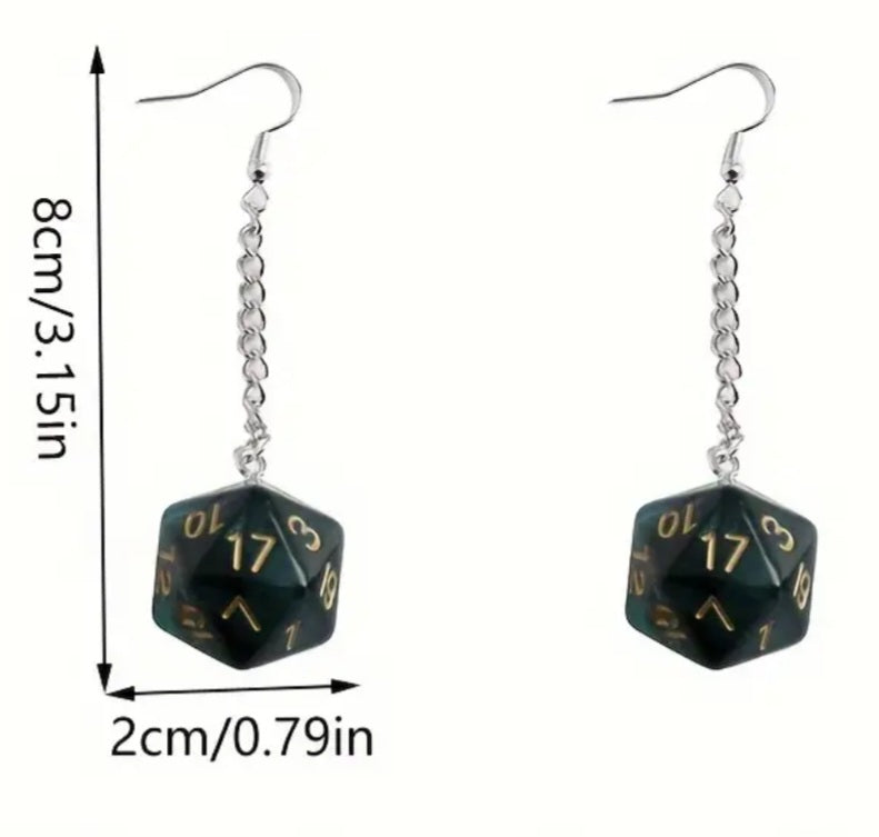 Acrylic 20 Sided Dice DnD Dungeons And Dragons D20 Design Green Drop Chain Earrings