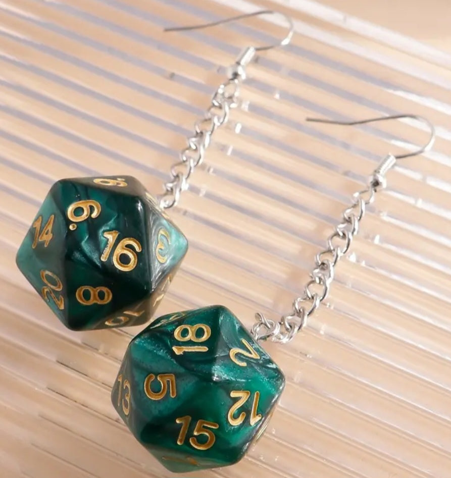 Acrylic 20 Sided Dice DnD Dungeons And Dragons D20 Design Green Drop Chain Earrings