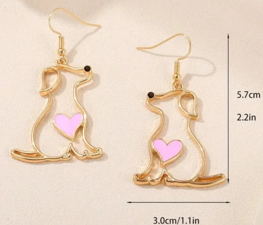 Fine Line Gold Plated Puppy Dog Pink Heart Design Drop Dangle Earrings