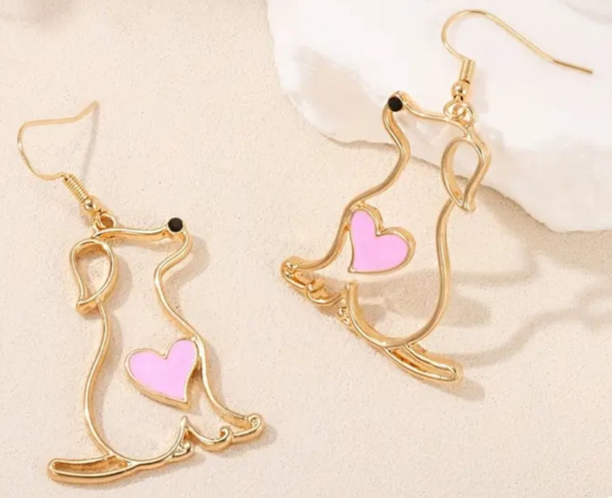 Fine Line Gold Plated Puppy Dog Pink Heart Design Drop Dangle Earrings