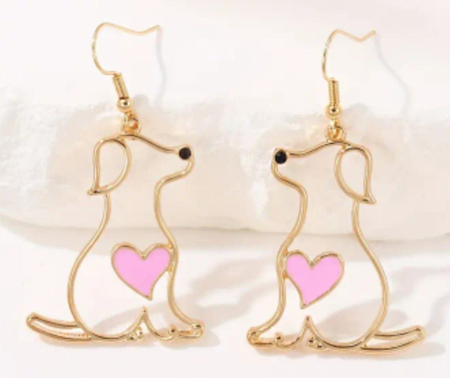 Fine Line Gold Plated Puppy Dog Pink Heart Design Drop Dangle Earrings