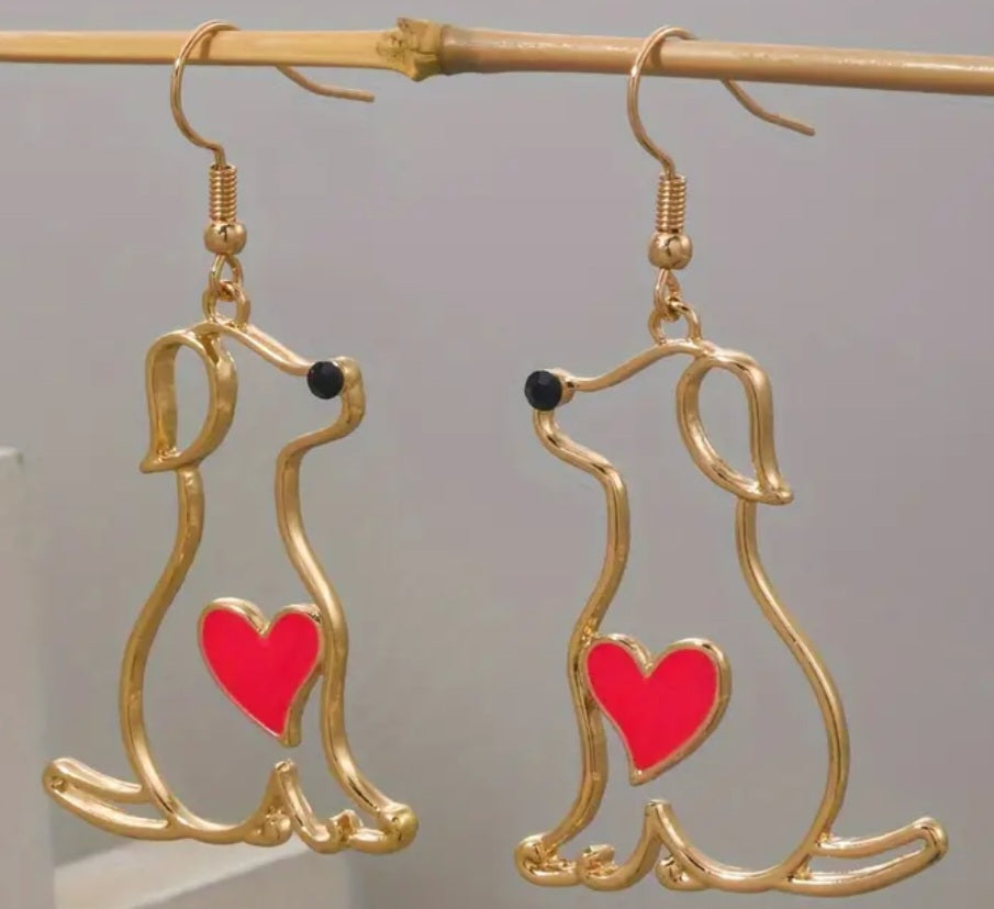 Fine Line Gold Plated Puppy Dog Red Heart Design Drop Dangle Earrings