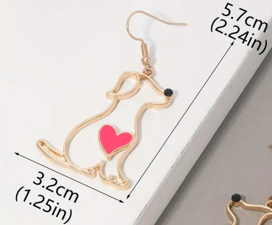 Fine Line Gold Plated Puppy Dog Red Heart Design Drop Dangle Earrings