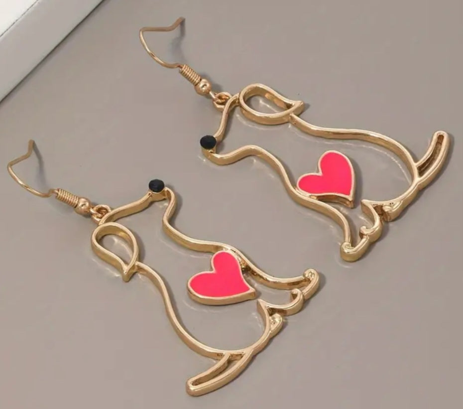 Fine Line Gold Plated Puppy Dog Red Heart Design Drop Dangle Earrings