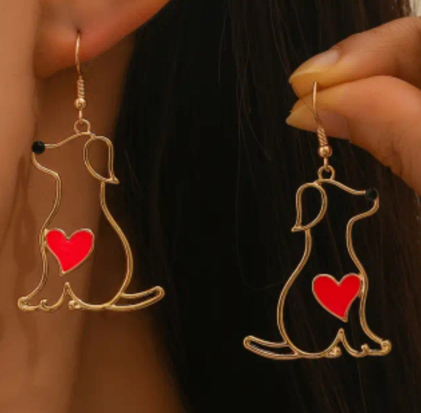 Fine Line Gold Plated Puppy Dog Red Heart Design Drop Dangle Earrings