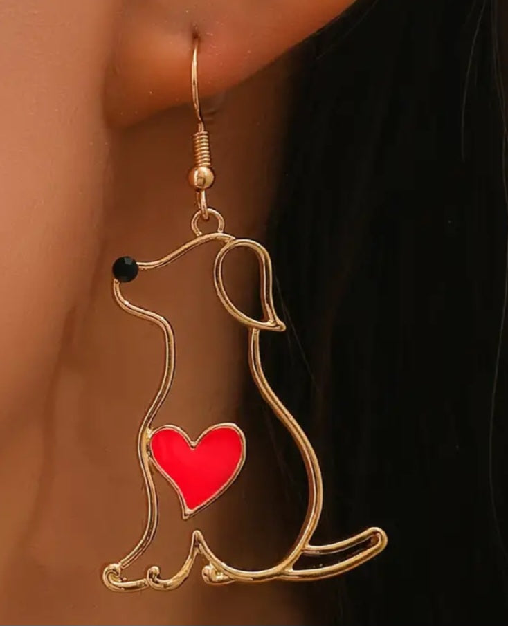 Fine Line Gold Plated Puppy Dog Red Heart Design Drop Dangle Earrings