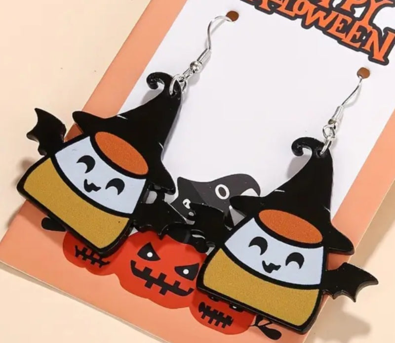 Acrylic Cartoon Candy Corn Bat Witch Halloween Design Large Drop Dangle Earrings