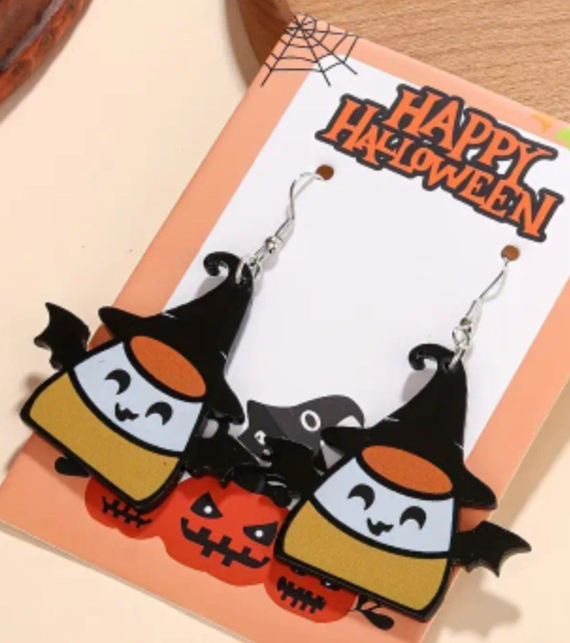 Acrylic Cartoon Candy Corn Bat Witch Halloween Design Large Drop Dangle Earrings