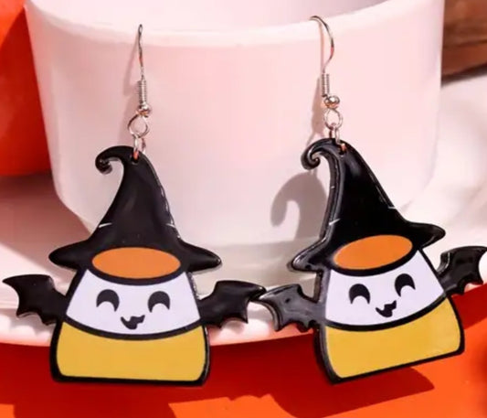 Acrylic Cartoon Candy Corn Bat Witch Halloween Design Large Drop Dangle Earrings