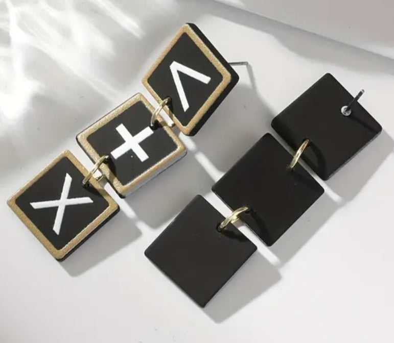 Acrylic Math Equation Symbol Square Design Drop Dangle Earrings