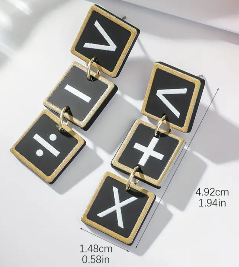 Acrylic Math Equation Symbol Square Design Drop Dangle Earrings