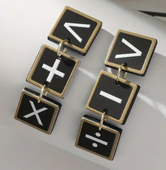 Acrylic Math Equation Symbol Square Design Drop Dangle Earrings