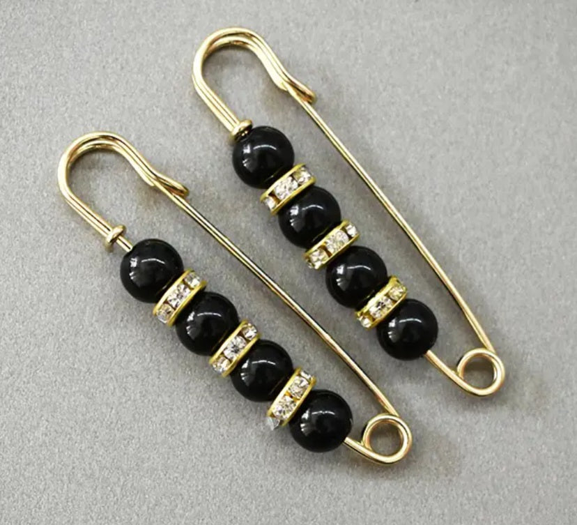 Cardigan Sweater Shirt Dress Pants Clothing Gold Plated Giant Safety Pin Design Brooch Rhinestones Faux Black Pearl Set of 2