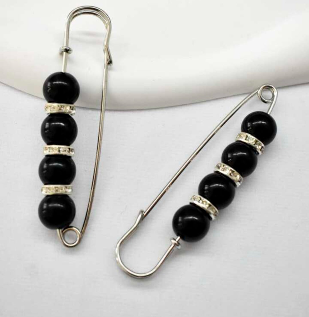 Cardigan Sweater Shirt Dress Pants Clothing Gold Plated Giant Safety Pin Design Brooch Rhinestones Faux Black Pearl Set of 2