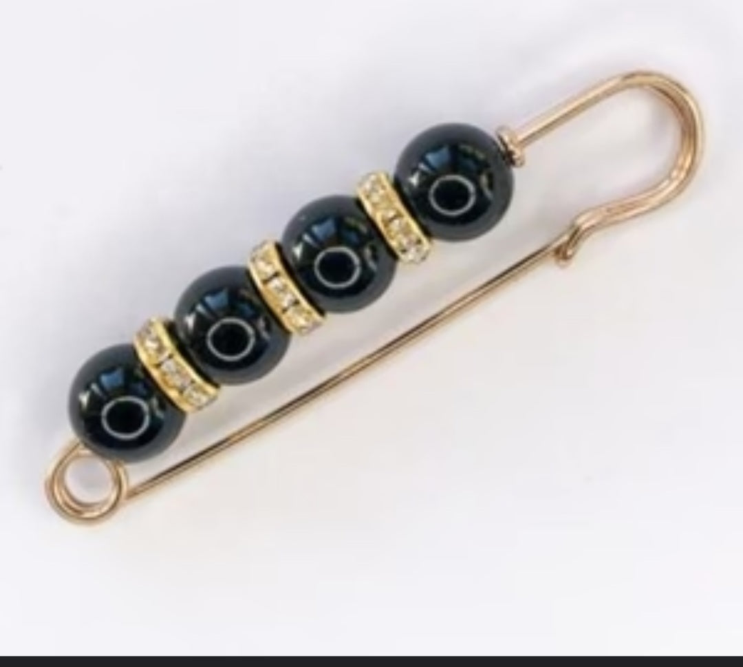 Cardigan Sweater Shirt Dress Pants Clothing Gold Plated Giant Safety Pin Design Brooch Rhinestones Faux Black Pearl Set of 2