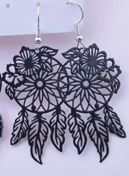 Black Enamel Metal Dream Catcher Floral Flower Sunflower Design Lightweight Drop Dangle Earrings