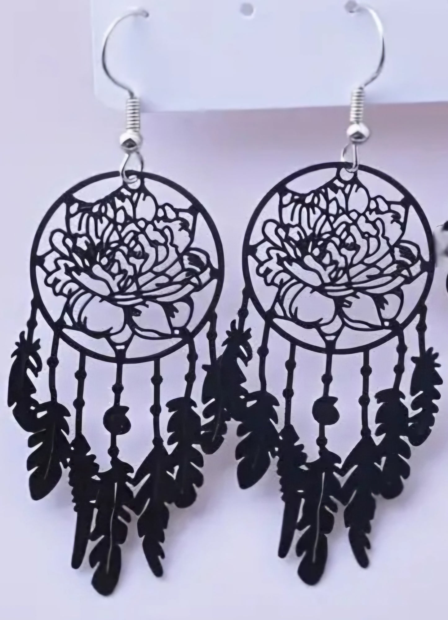 Black Enamel Metal Dream Catcher Floral Flower Rose Design Lightweight Drop Dangle Earrings