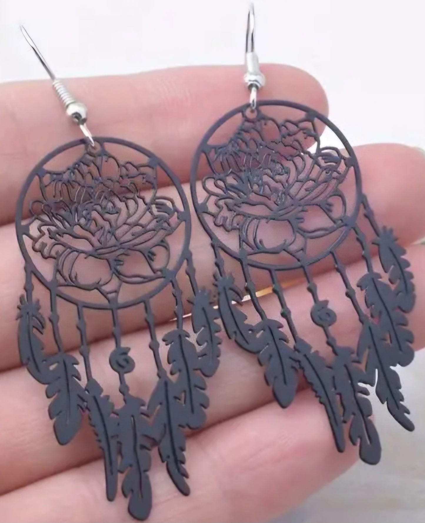 Black Enamel Metal Dream Catcher Floral Flower Rose Design Lightweight Drop Dangle Earrings