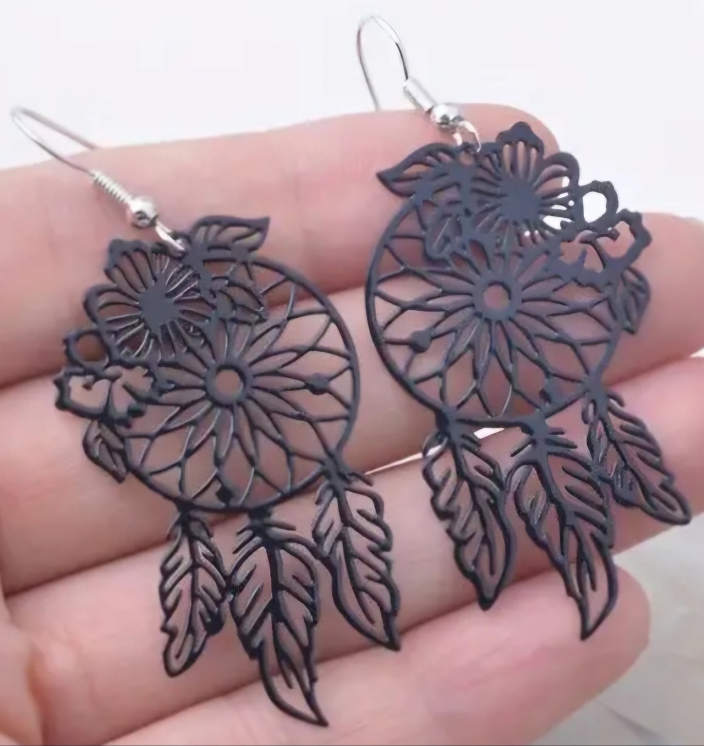 Black Enamel Metal Dream Catcher Floral Flower Sunflower Design Lightweight Drop Dangle Earrings