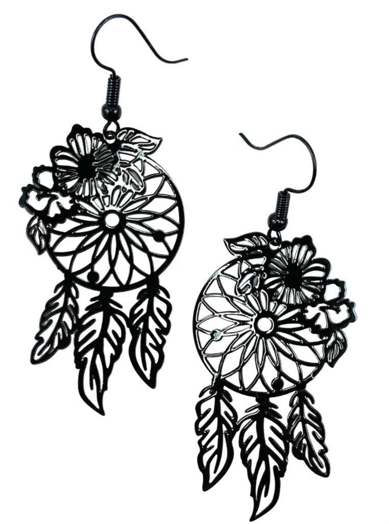 Black Enamel Metal Dream Catcher Floral Flower Sunflower Design Lightweight Drop Dangle Earrings