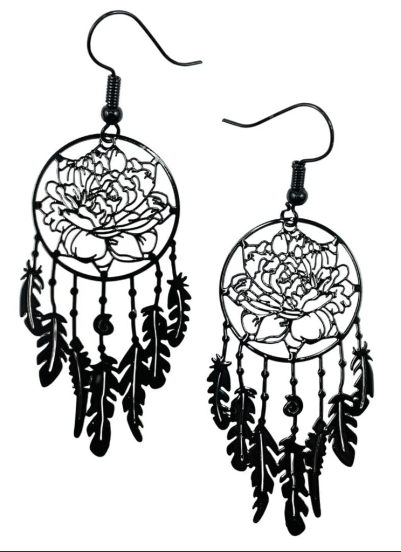 Black Enamel Metal Dream Catcher Floral Flower Rose Design Lightweight Drop Dangle Earrings