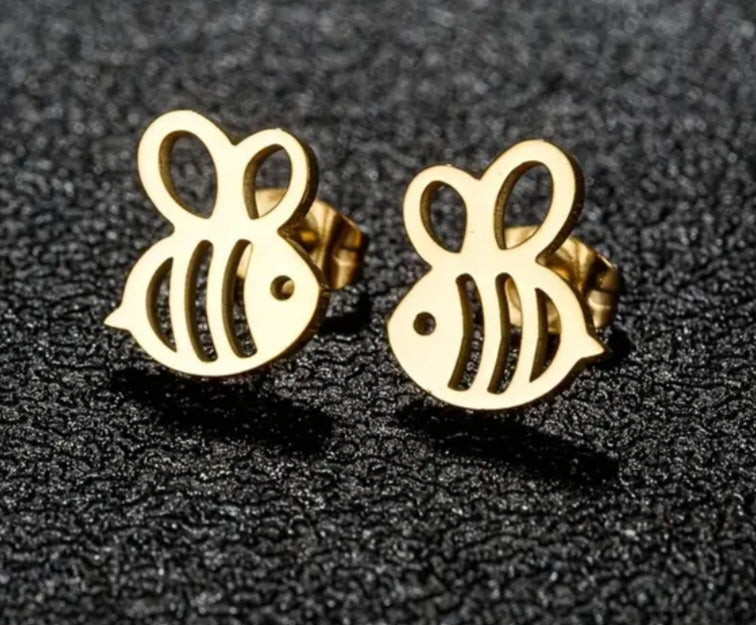 Adorable Bumble Bee Design Gold Plated Stainless Steel Small Teeny Stud Earrings