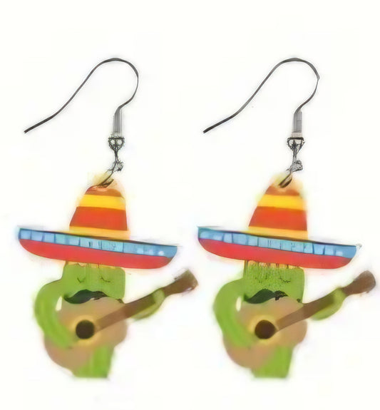 Acrylic Fun Cartoon Mexican Cinco De Mayo Fiesta Party Guitar Drop Dangle Earrings