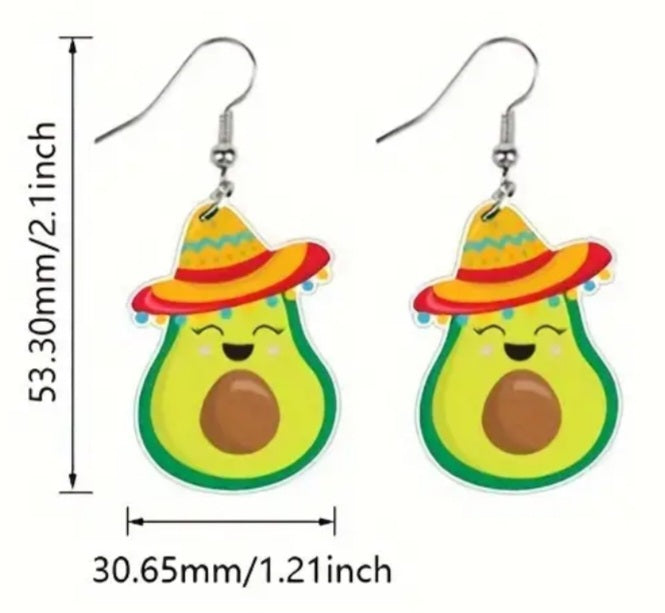 Acrylic Fun Cartoon Mexican Cinco De Mayo Fiesta Party Avacado Drop Dangle Earrings