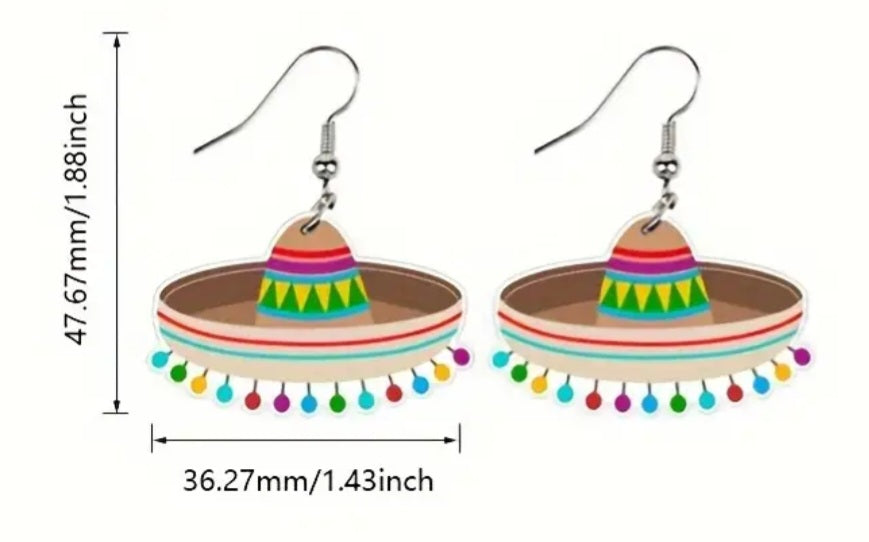 Acrylic Fun Cartoon Mexican Cinco De Mayo Fiesta Party Hat Drop Dangle Earrings