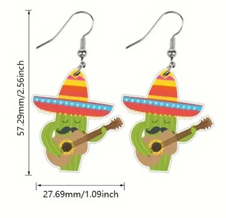 Acrylic Fun Cartoon Mexican Cinco De Mayo Fiesta Party Guitar Drop Dangle Earrings