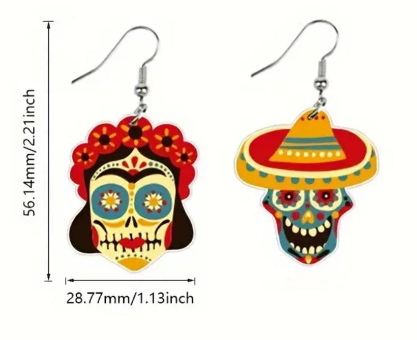 Acrylic Fun Cartoon Mexican Cinco De Mayo Fiesta Party Sugar Skull Drop Dangle Earrings