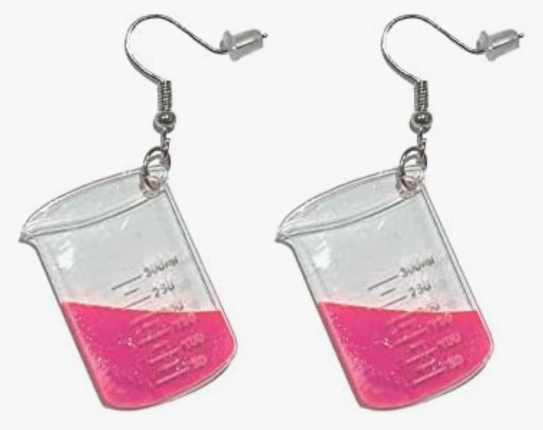 Acrylic Chemistry Beaker Flask Scientist Large Fluro Pink  Design Drop Dangle Earrings