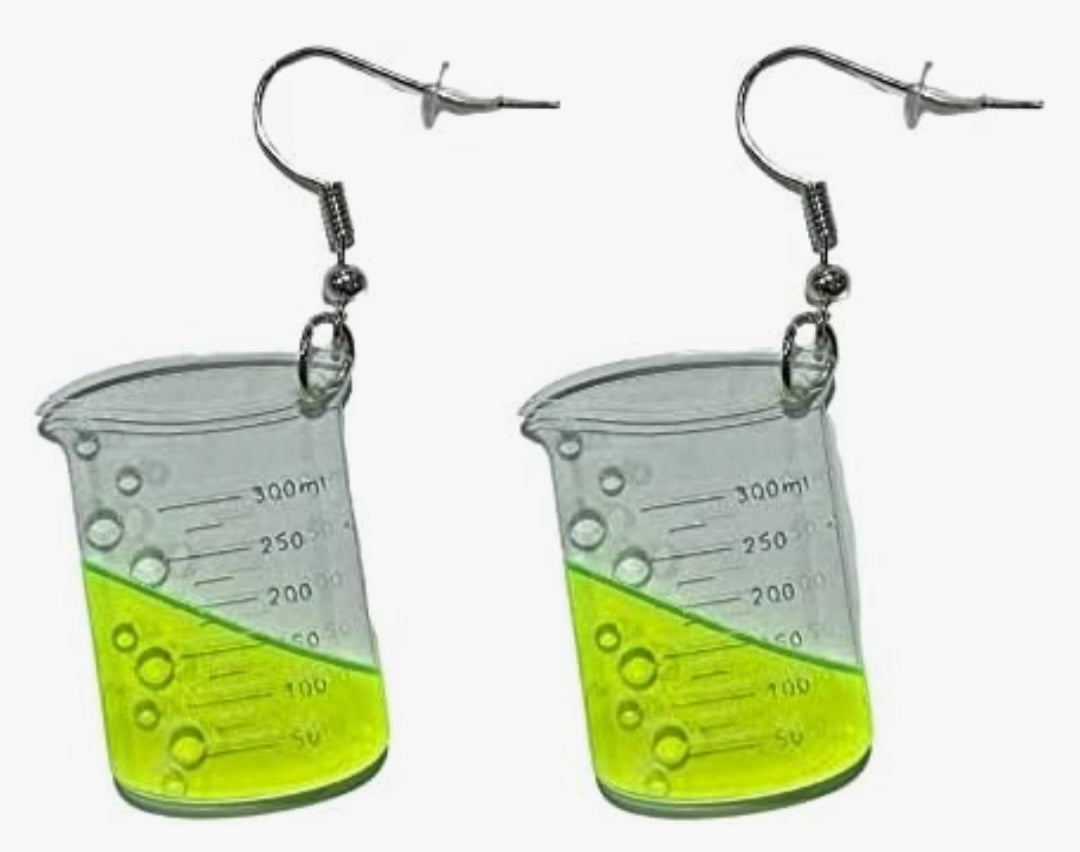 Acrylic Chemistry Beaker Flask Scientist Large Fluro Yellow  Design Drop Dangle Earrings