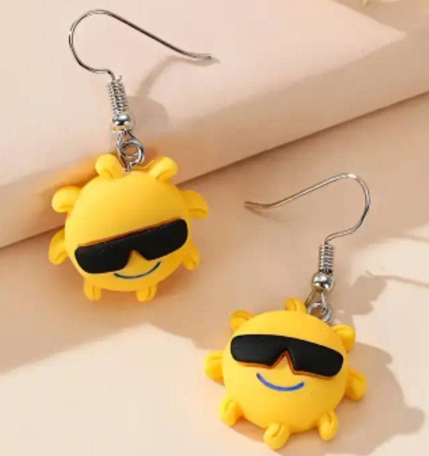 Acrylic Cartoon Sun Smiling Sunglasses Design Drop Dangle Earrings