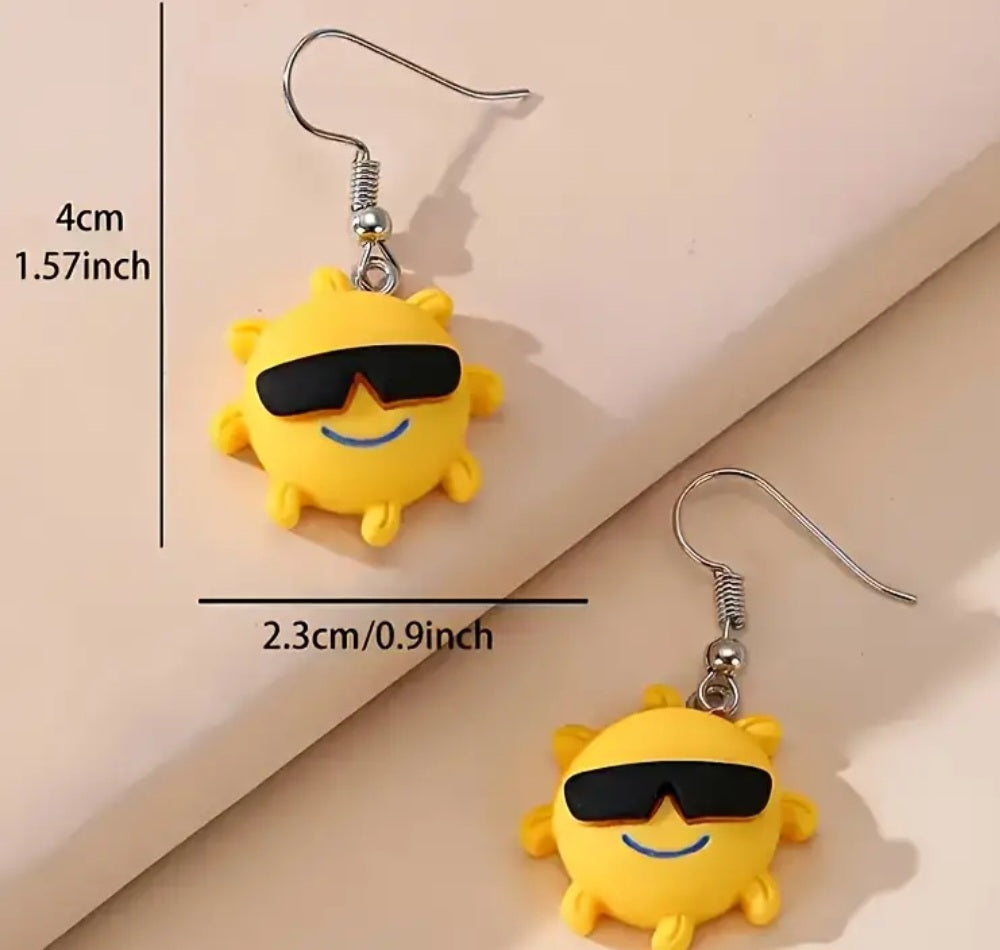 Acrylic Cartoon Sun Smiling Sunglasses Design Drop Dangle Earrings